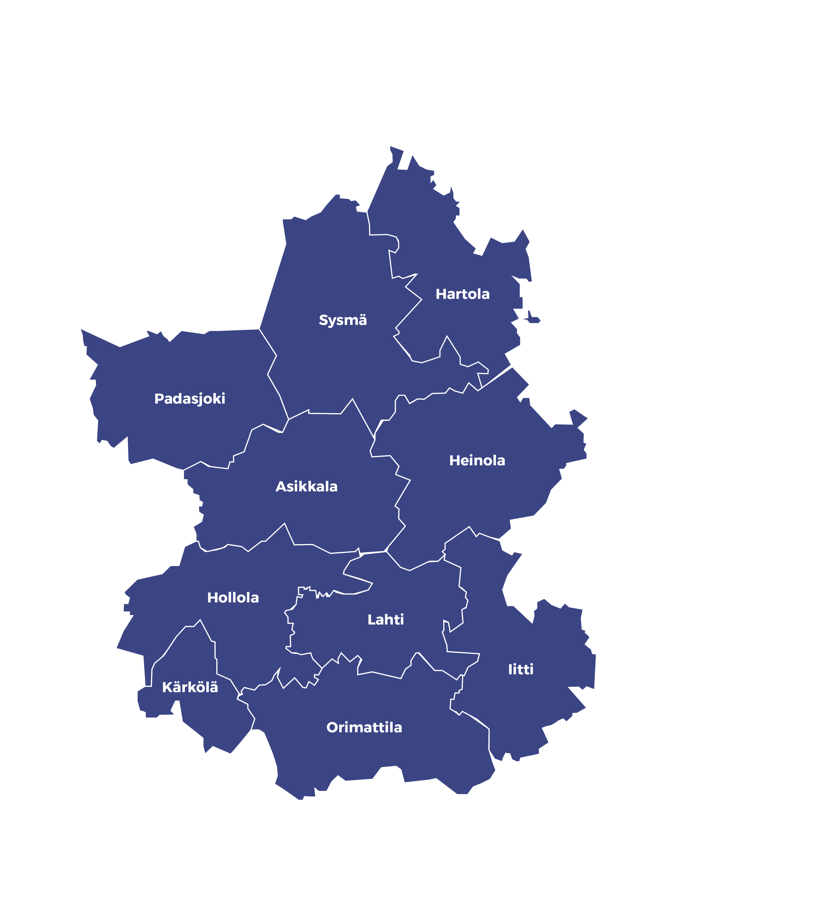 Päijät-Hämeen hyvinvointialueen karttakuva. Alueen kuntia ovat Hartola, Sysmä, Padasjoki, Heinola, Asikkala, Iitti, Lahti, Hollola, Orimattila ja Kärkölä.